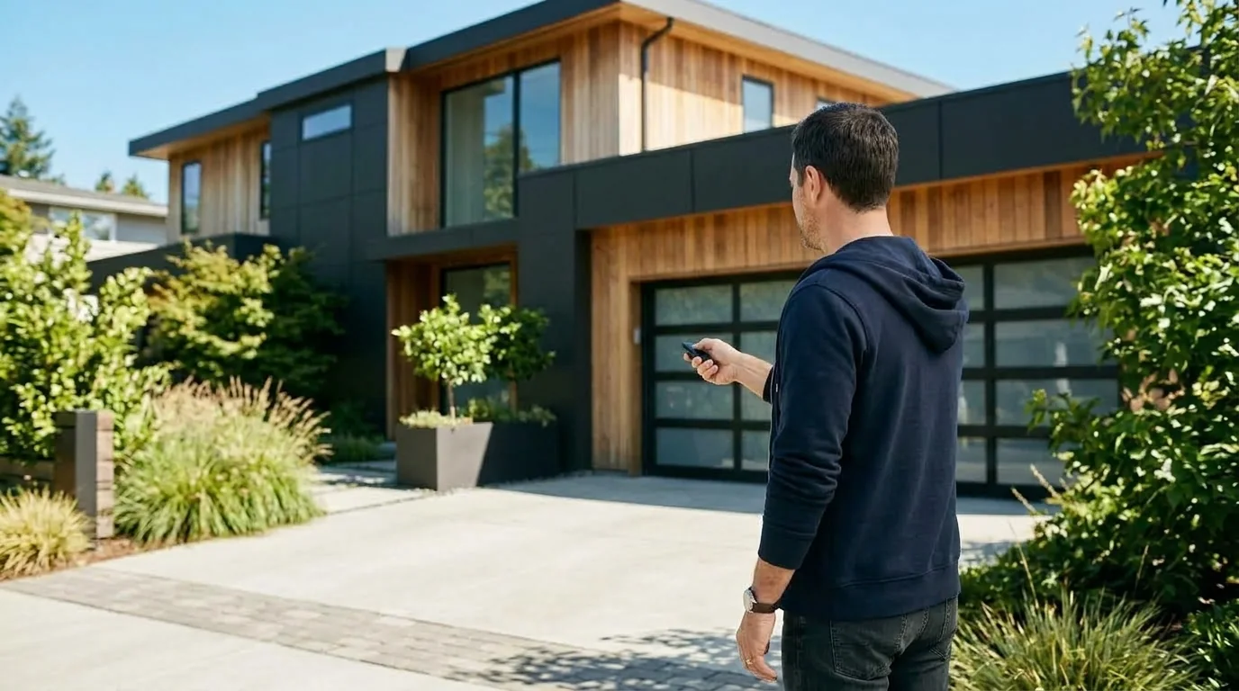 Person using a garage door remote outside a modern home