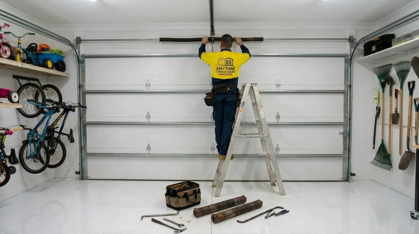 Technician working on a garage door with springs and tools