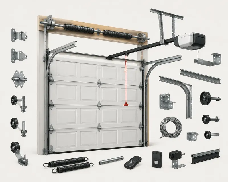 Diagram of garage door parts, including springs, cables and opener components